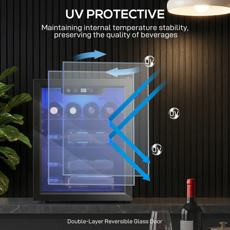 UV protective double layer reversible glass door graphic on the 16 bottle wine cooler