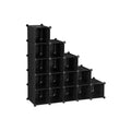 Black 16-cube storage organiser built as a stepped staircase arrangement, studio shot