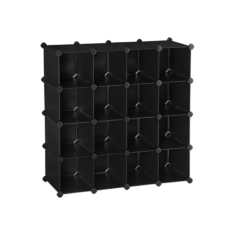 Black 16-cube storage organiser built as a 4 by 4 square block, studio shot