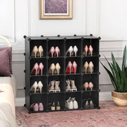 Black cube shoe organiser in a bedroom holding rows of heels and trainers