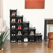 Black cube storage organiser built as a staircase in a living room, holding shoes