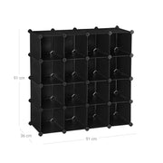 Dimension diagram of the black 16-cube organiser showing 91 cm width, 91 cm height and 36 cm depth