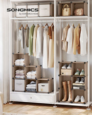 Camel brown cube storage unit styled with books and boxes