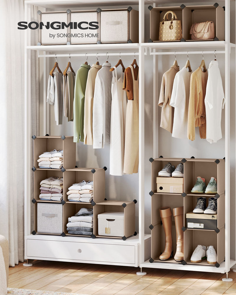Camel brown cube storage unit styled with books and boxes
