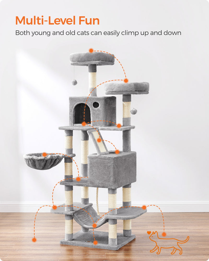 Close-up of the light grey cat tree cave and padded perch