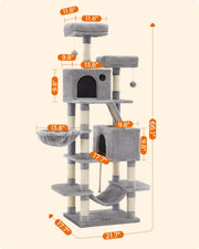 Kitten climbing the light grey cat tree scratching ramp