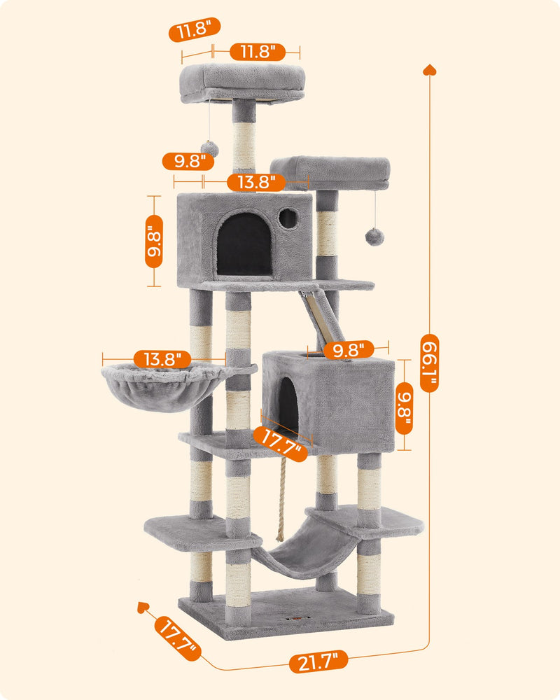 Kitten climbing the light grey cat tree scratching ramp