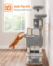 Light grey cat tree packaging and included parts