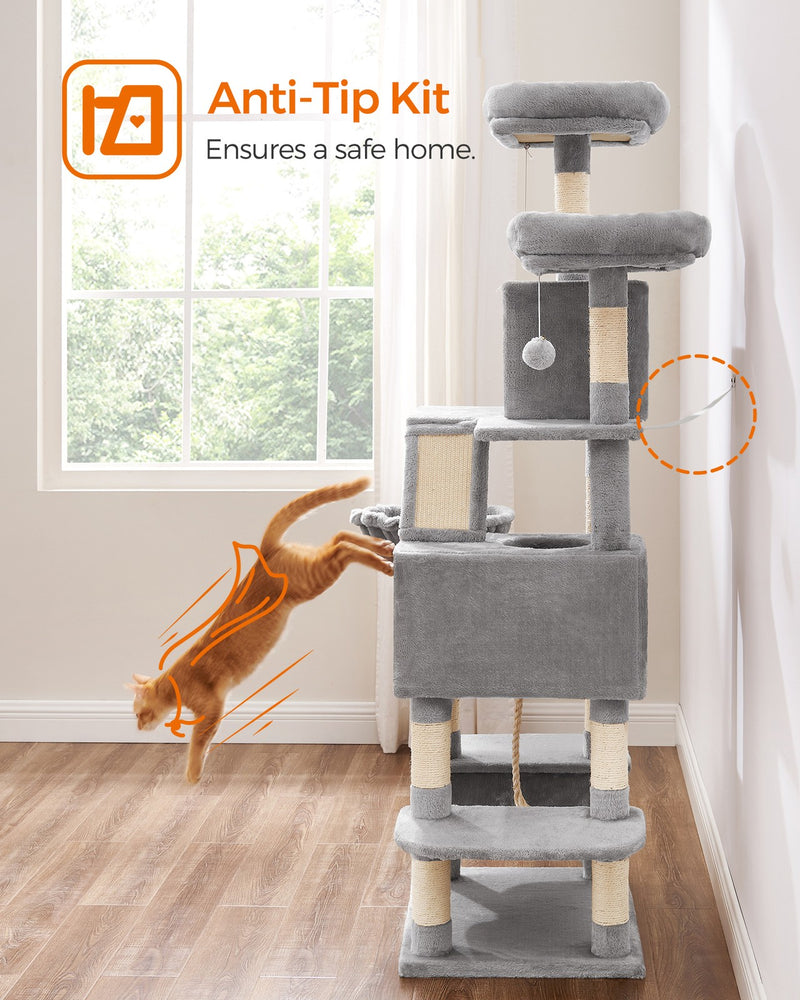 Light grey cat tree packaging and included parts