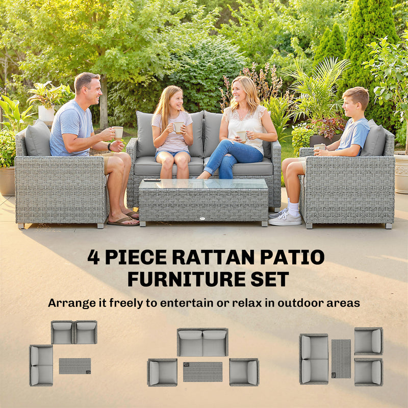 Grey Rattan Garden Furniture Set for Relaxing and Entertaining Outdoors 4 Piece Set With Table and Cushions Outsunny