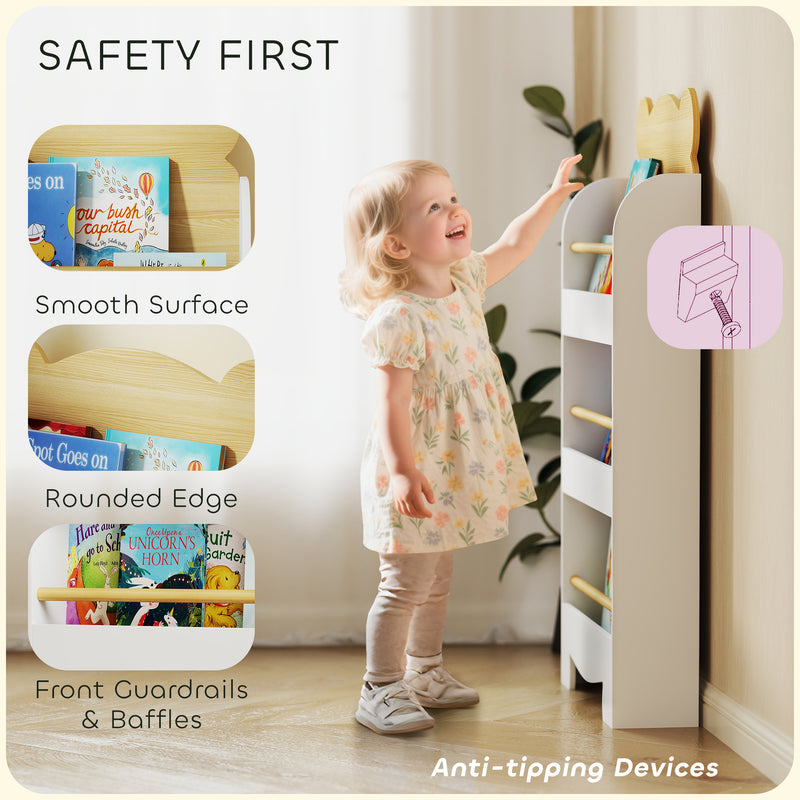 3 Tier Kids Bookshelf With Bear Design Space Saving Bookcase For Bedroom Or Playroom White AOSOM