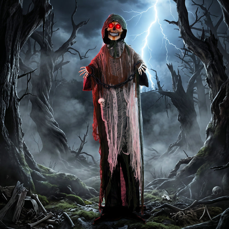 170cm chained Grim Reaper animatronic staged in a stormy forest at night