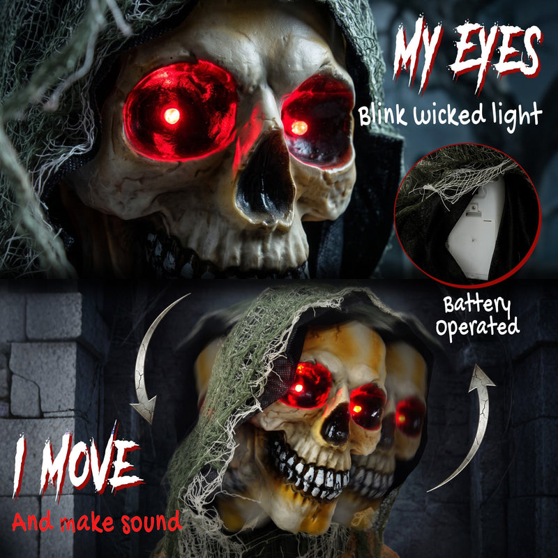Close-up of the chained Grim Reaper's glowing red eyes and battery compartment