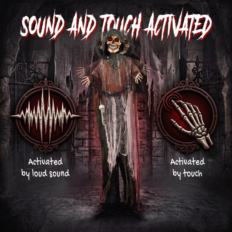 170cm chained Grim Reaper standing in a stone archway, labelled sound and touch activated