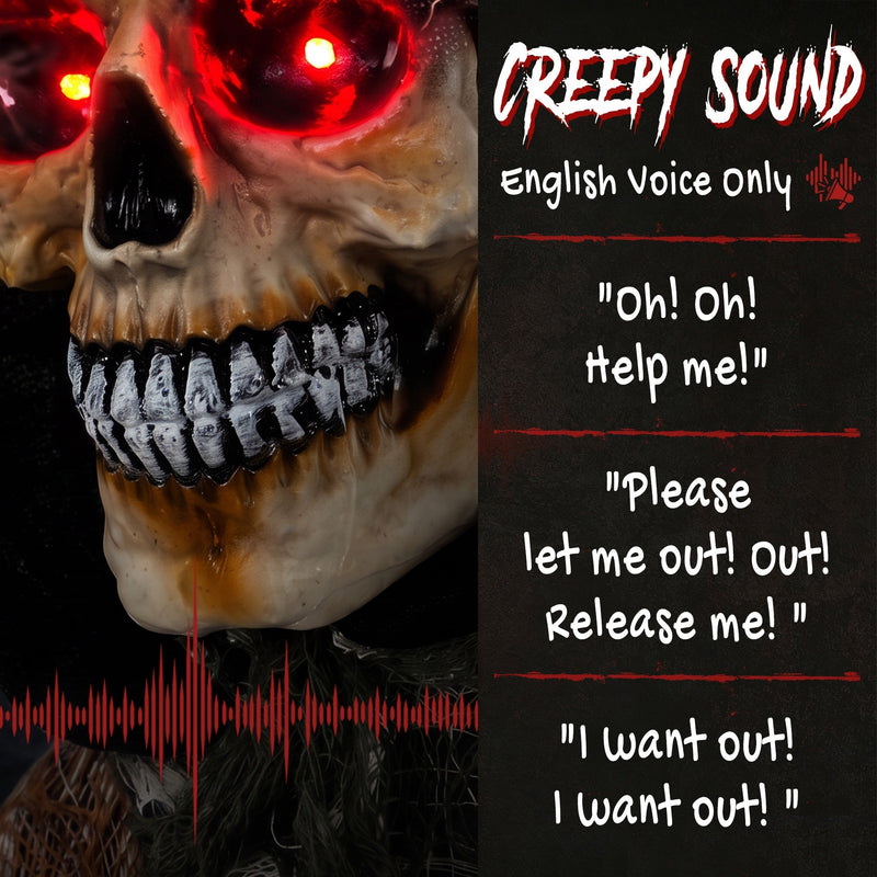 Close-up of the chained Grim Reaper's moving jaw with spoken phrase captions