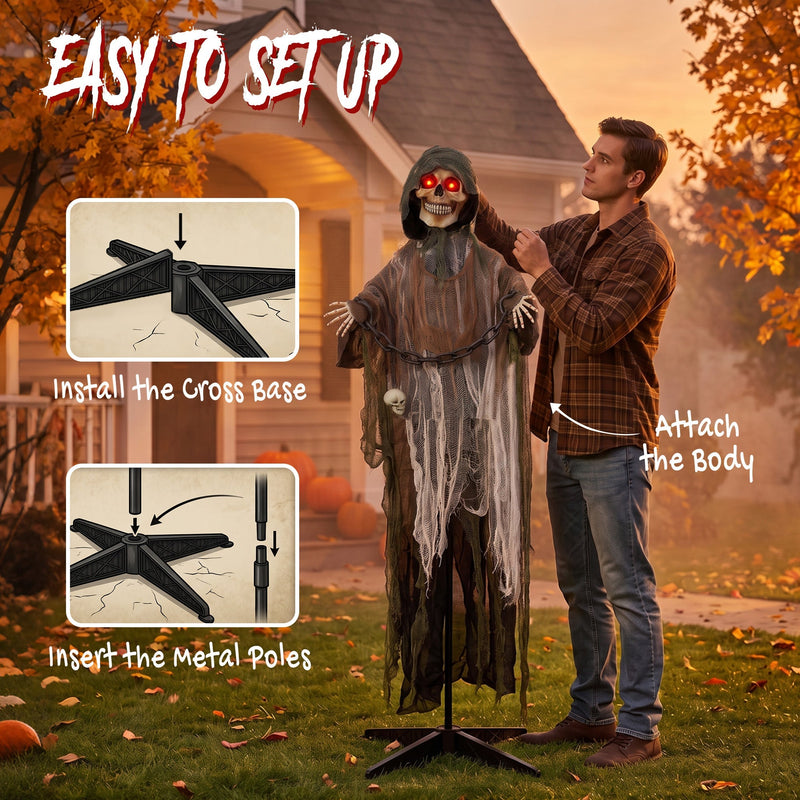 Assembly steps for the chained Grim Reaper: cross base, metal poles and body