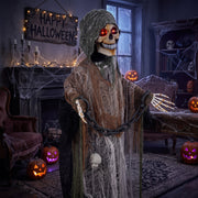 170cm chained Grim Reaper staged in a haunted living room with jack-o'-lanterns
