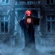 170cm Grim Reaper animatronic staged outside a haunted mansion entrance at night