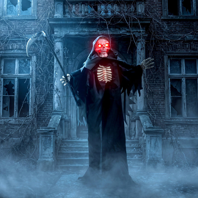 170cm Grim Reaper animatronic staged outside a haunted mansion entrance at night