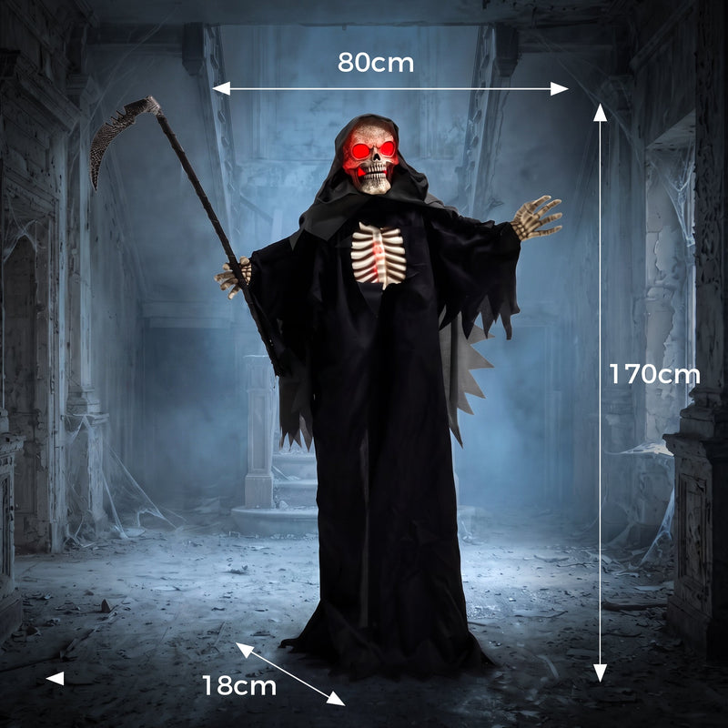 Dimension diagram showing the 170cm Grim Reaper is 80cm wide, 18cm deep and 170cm tall