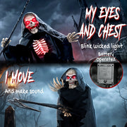 Close-up of the Grim Reaper's glowing red eyes, lit ribcage and battery compartment
