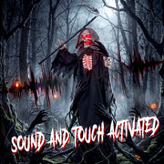 170cm Grim Reaper standing in a dark forest, labelled sound and touch activated