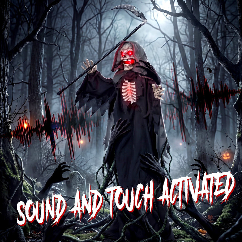 170cm Grim Reaper standing in a dark forest, labelled sound and touch activated