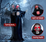 Grim Reaper feature callouts showing the turning body, light-up design and moving mouth