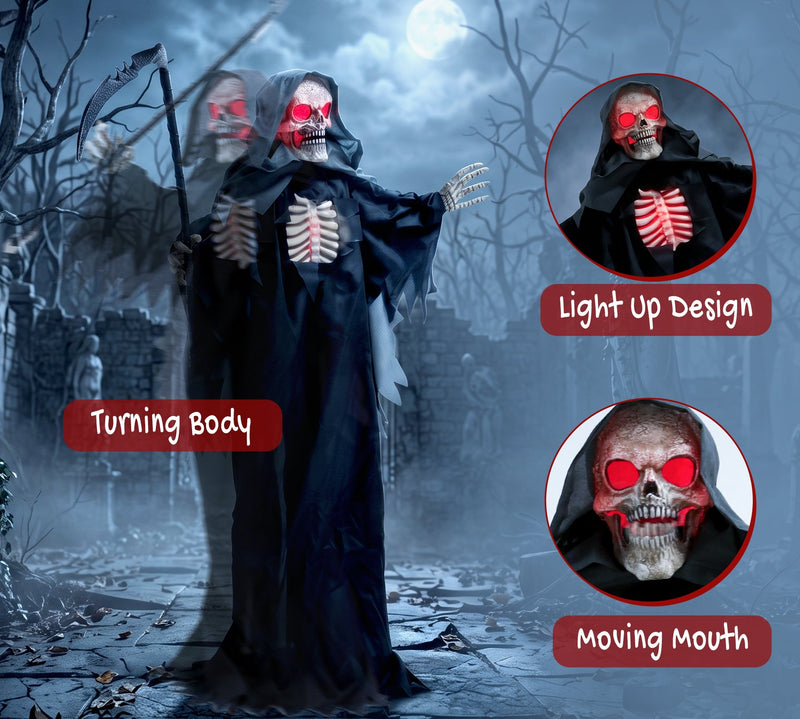 Grim Reaper feature callouts showing the turning body, light-up design and moving mouth
