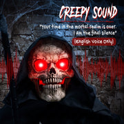 Close-up of the Grim Reaper's glowing red skull with a creepy spoken phrase caption