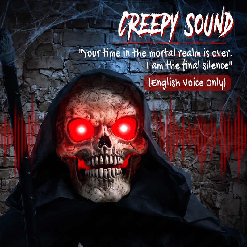 Close-up of the Grim Reaper's glowing red skull with a creepy spoken phrase caption
