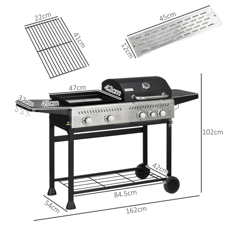 Black 15kW Deluxe Duo Gas BBQ Grill With Plancha and Side Burner For Outdoor Cooking Outsunny