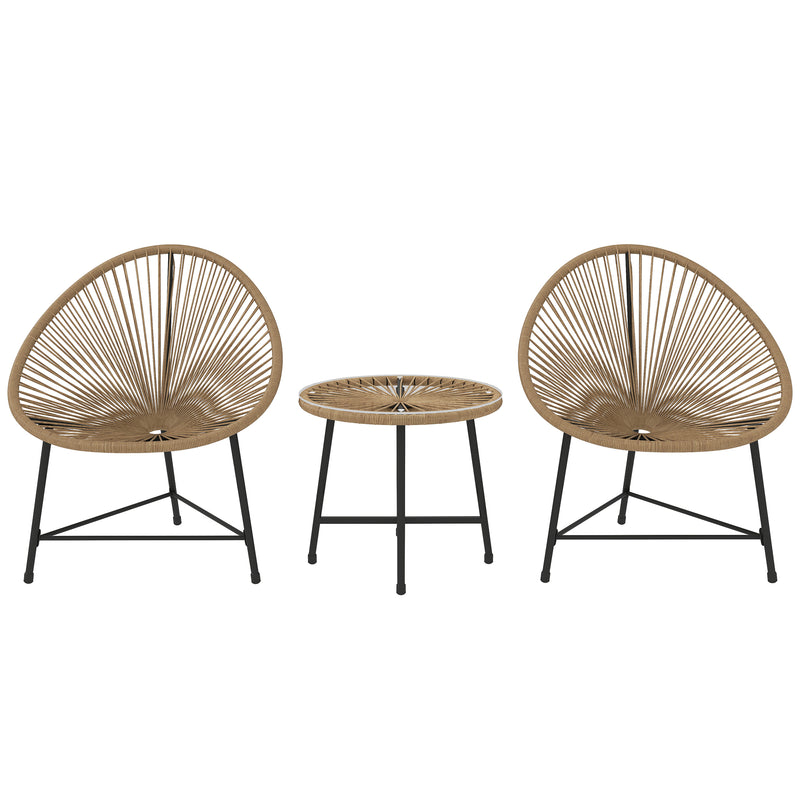 3 Piece Rattan Bistro Set with Acapulco Chairs and Glass Table for Garden Patio Balcony by Outsunny
