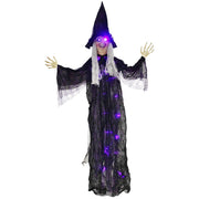 183 cm hanging witch Halloween prop with black robe, pointed hat and glowing purple LED eyes