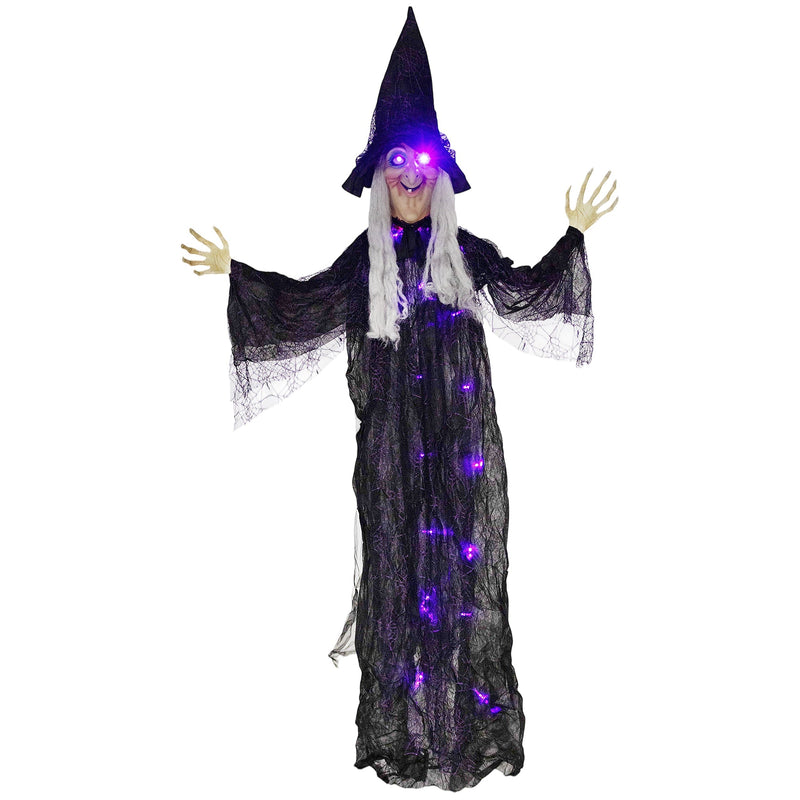 183 cm hanging witch Halloween prop with black robe, pointed hat and glowing purple LED eyes