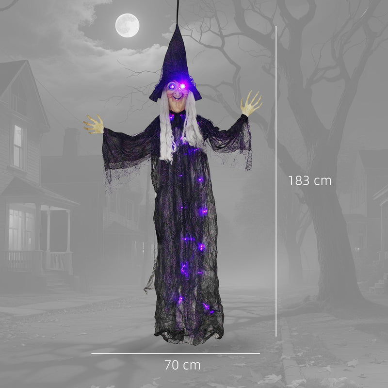 Dimension diagram showing the hanging witch at 183 cm tall and 70 cm wide