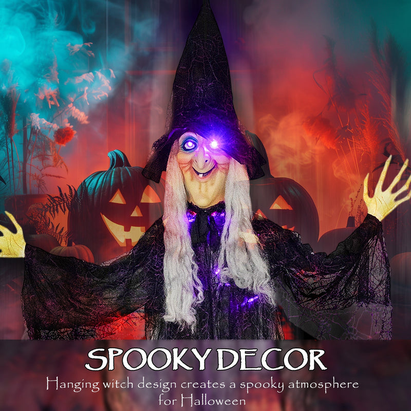Graphic describing the hanging witch design for spooky Halloween decor