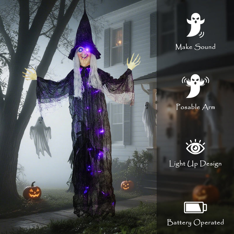 Feature icons showing sound, posable arms, light-up eyes and battery operation for the hanging witch