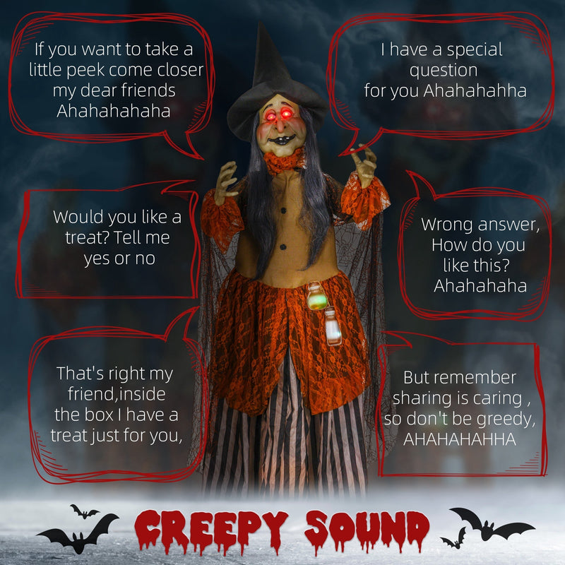 Fat-faced witch decoration with creepy spoken phrase callouts