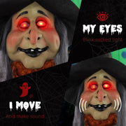 Close-up of the witch's glowing red eyes with blinking light and movement callout
