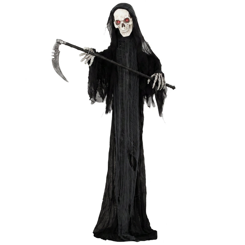 HOMCOM 183cm animated Grim Reaper in black robe holding a scythe with glowing red eyes