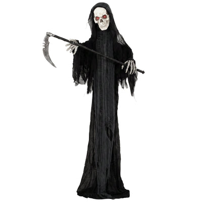 HOMCOM 183cm animated Grim Reaper in black robe holding a scythe with glowing red eyes