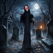 183cm Grim Reaper animatronic staged among gravestones under a full moon