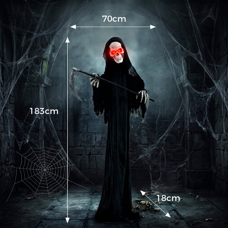 Dimension diagram showing the 183cm Grim Reaper is 70cm wide, 18cm deep and 183cm tall