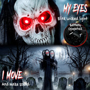 Close-up of the Grim Reaper's glowing red eyes with sound and movement captions