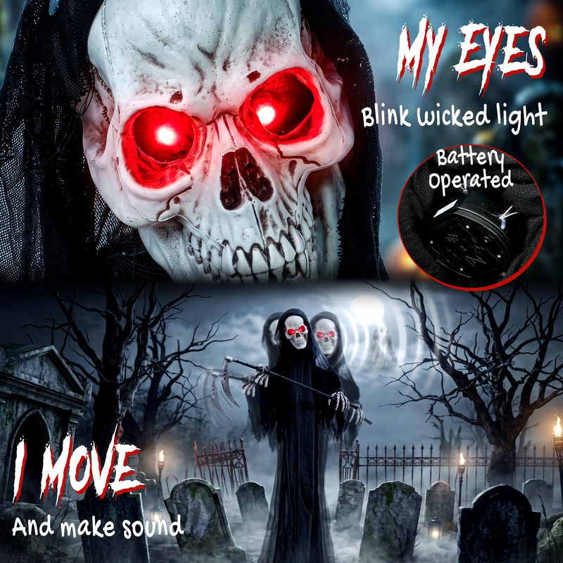Close-up of the Grim Reaper's glowing red eyes with sound and movement captions