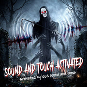 183cm Grim Reaper standing at a graveyard gate, labelled sound and touch activated