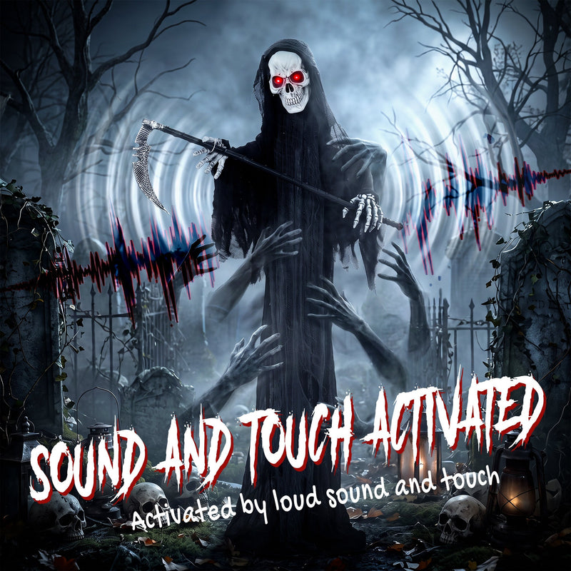 183cm Grim Reaper standing at a graveyard gate, labelled sound and touch activated