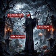 183cm Grim Reaper staged among candlelit gravestones with light-up and sound callouts