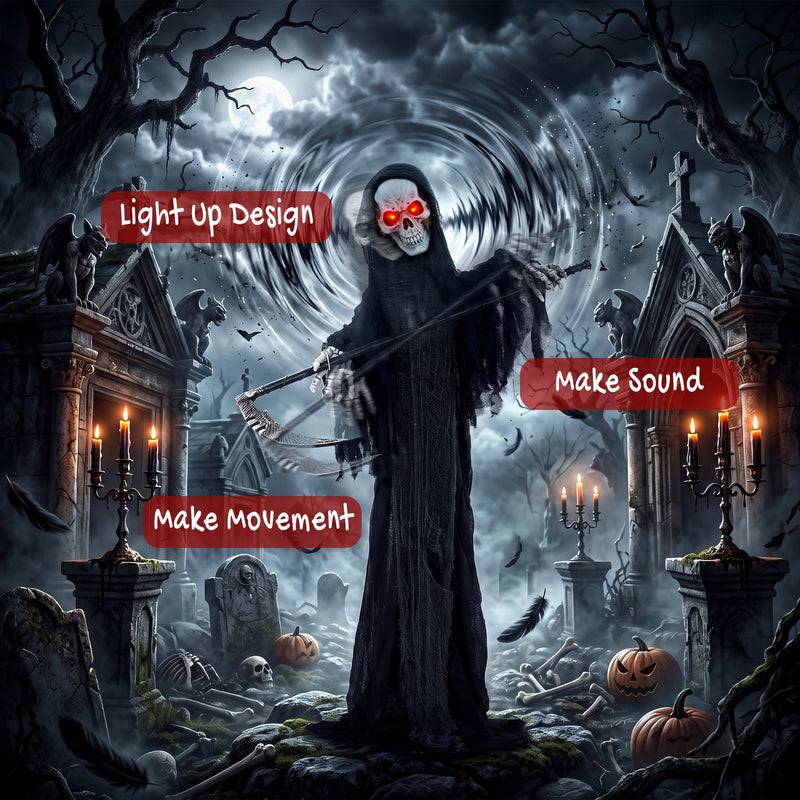 183cm Grim Reaper staged among candlelit gravestones with light-up and sound callouts